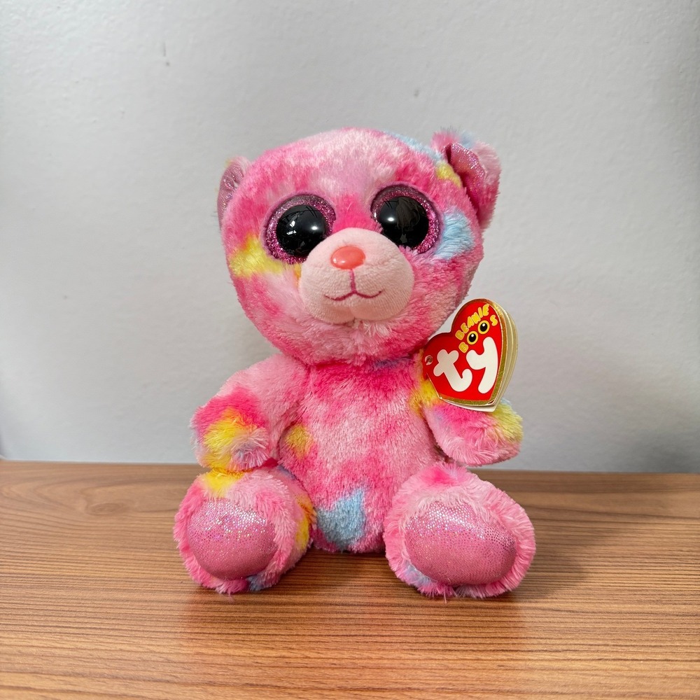 Ty Beanie Boos Plush Pink Franky Bear Tie Dye Glitter Eyes 6 Inch Toy
